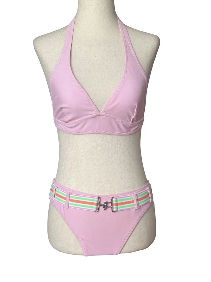 Biquíni feminino Spiegal duas peças com cinto tamanho 8 rosa halter top retrô - Imagem 4 de 4