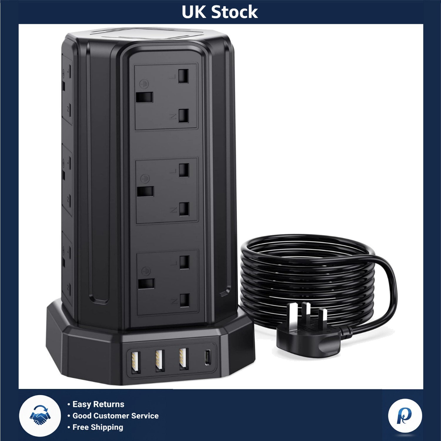 5M Extension Tower with 12 Sockets & USB - Perfect for Home & Office