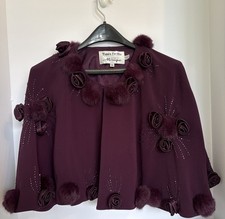 Beautiful Shrug Cape In Wine With Beading And Fir And Fabric Roses. Formal