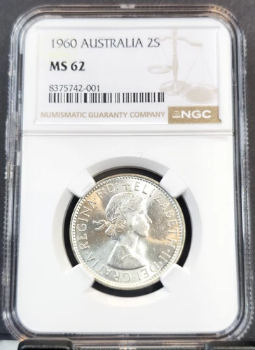1960 AUSTRALIA SILVER 2 SHILLINGS 1 FLORIN KANGAROO & EMU NGC MS 62 NICE COIN