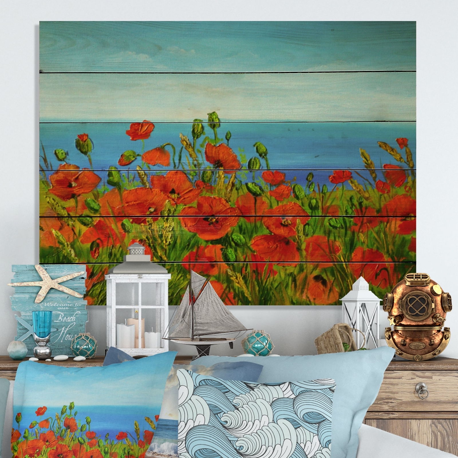 Designart 'Poppy Field In Ocean Scenery' Traditional Wood Wall Art Panels -