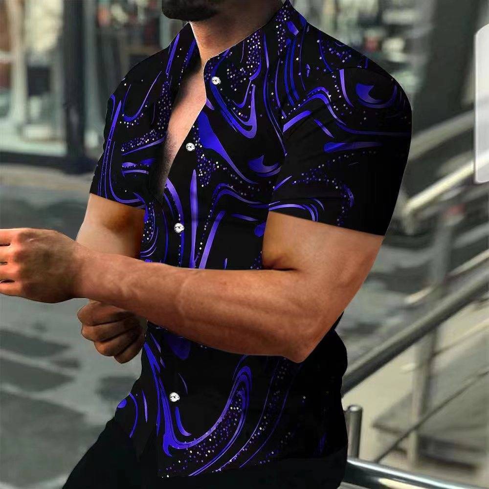 Camisas con botones Hombres Púrpura Azul Moda Manga corta Vestido fiesta Sedoso