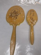 Vintage Floral Etched Bakelite Gold Vanity Set Brush Hand Held Mirror Set