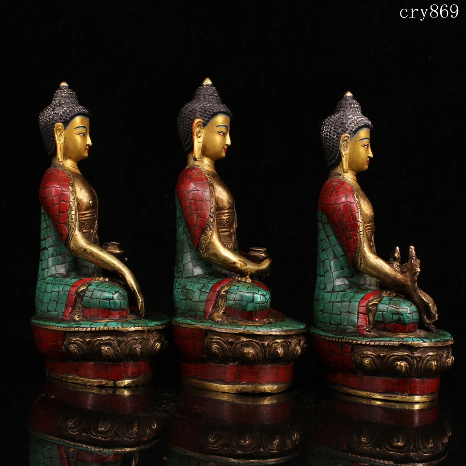 un conjunto colección Tíbet antiguo cobre puro con incrustaciones de gemas Tres santos Budas Foto 3 de 4