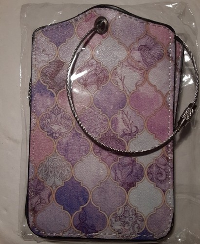Luggage Tag Leather Pink , Purple And White Colors Bohemian Pattern 2 Tag Pack - Picture 2 of 9