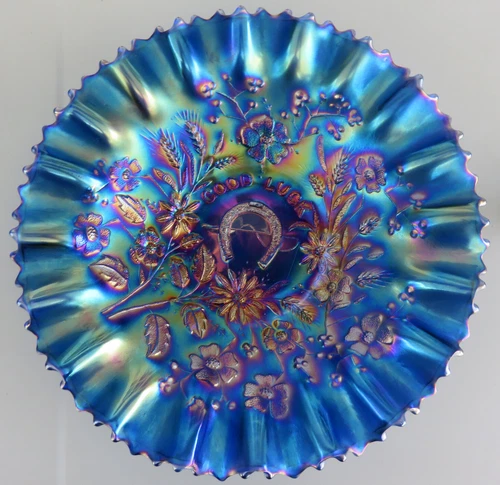 STUNNING BLUE "GOOD LUCK" Carnival Glass Bowl, PCE, Ribbed 9" by Northwood c1908