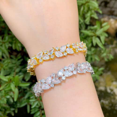 Silver Plated Cubic Zirconia Drop Round Cluster Bracelet Bangle for Women Party - Picture 2 of 13