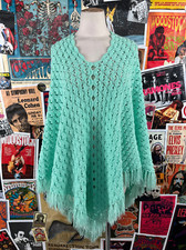 Vtg 70s 60s-70s Granny Knit Crochet Mint Green Fringe Tassel Poncho PS Festival