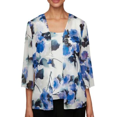 ALEX EVENINGS NEW Women's Ivory/purple Petite Floral Top & Jacket Set SP TEDO