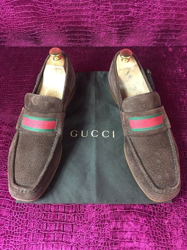 Mens Brown Suede Gucci Web Loafers Sz 8 