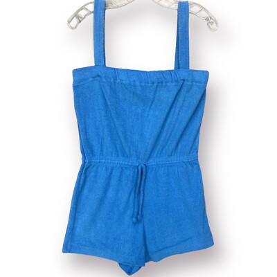 VTG 70s Terry Cloth Romper Playsuit Womens L Blue Removable Straps