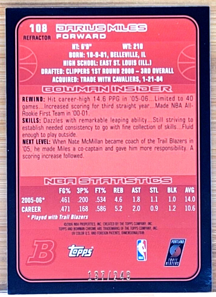 2003-04 BOWMAN CHROME DARIUS MILES #D/249 反光卡 波特兰拖车 — 第 2/2 张图片