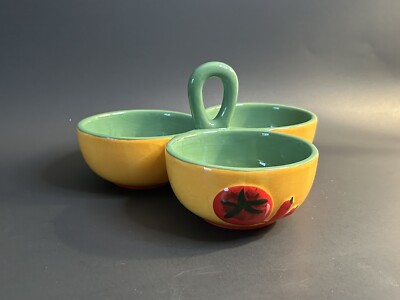 Avon Condiment Dip Dish Triple Salsa Bowl Hand Painted Chili Pepper and Tomato