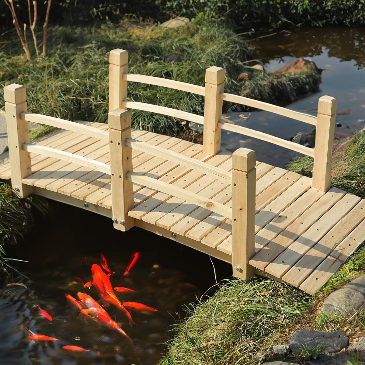 5 FT Wooden Garden Bridge Decorative Landscaping Footbridge with