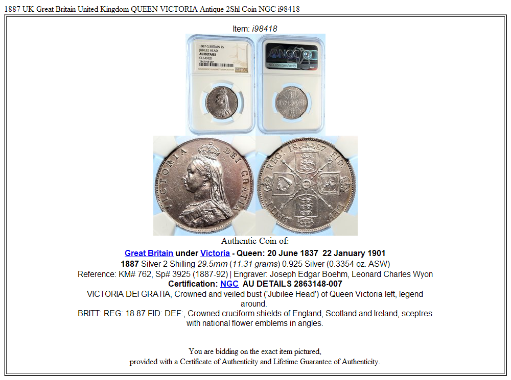 1887 UK Great Britain United Kingdom QUEEN VICTORIA Antique 2Shl