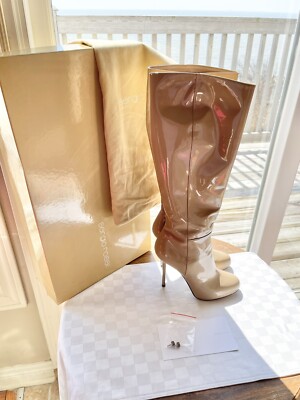 $1370 SERGIO ROSSI 'BARBIE' BEIGE SHINY PATENT LEATHER TALL BOOTS