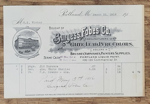 1916 Billhead Portland Kingfield Maine Burgess Fobes Paint Varnish - Picture 5 of 7