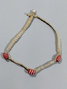 Artisan woven Style Beige Cord Red White Glass Bead Ankle Bracelet Anklet 12 in