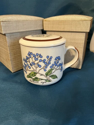 Vintage Otagiri Speckled Stoneware Coffee Cup W Lid Botanical Floral Design