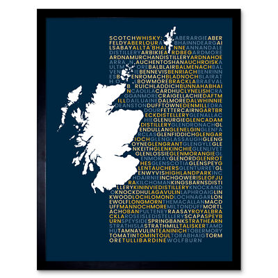 Scotch Whisky Destilleries Karte gerahmter Wandkunstdruck 9x7