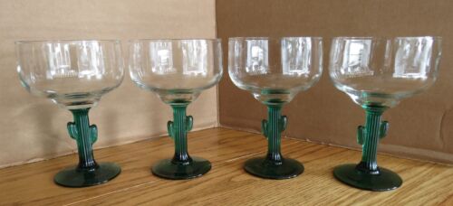 LIBBEY Cactus Margarita Glasses Hand Blown Green Stem 16 oz Set of 4 Vintage