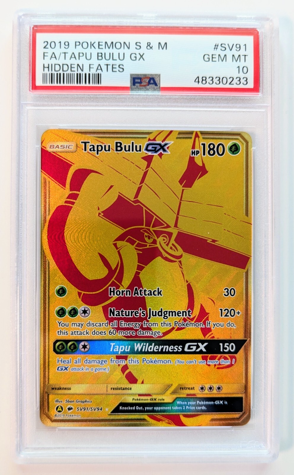 2019 Pokemon S&M Hidden Fates Tapu Bulu GX FA Shiny Vault Holo Rare #SV91 PSA 10