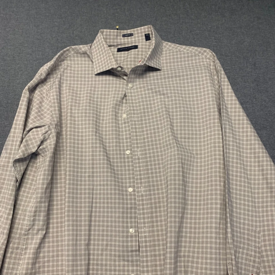 TOMMY HILFIGER Mens Dress Shirt Size 17 34/35XL Beige Plaid Long Sleeve Slim Fit - Image 2 of 4
