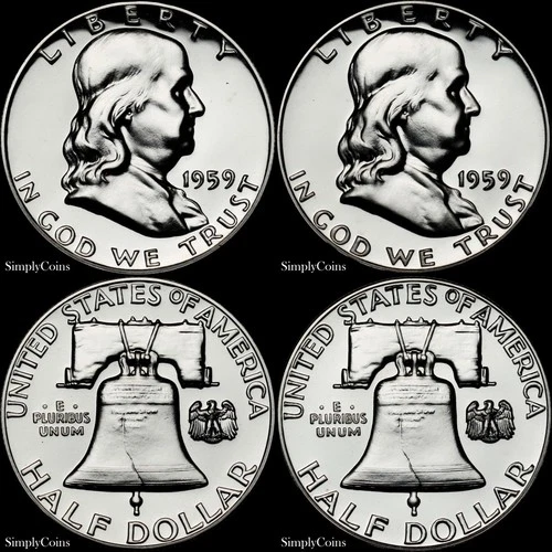 1959 Franklin Half Dollar Proof Uncirculated Silver Coin Lot Set of 2