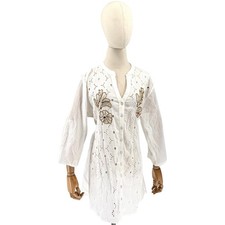 Vintage Y2K Swarna White 100% Cotton Bohemian Eyelet Beaded Button Up Dress