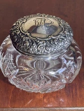  Antique Kerr Sterling Silver Vanity Jar Floral Repoussé Lid Monogrammed