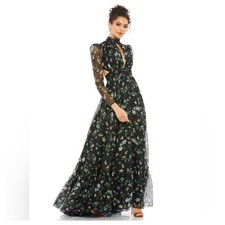 Mac Duggal Black Floral Garden Chiffon Cutout Back Prom Gown Size 2 67942 NEW