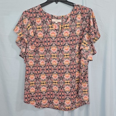 LOFT Womens Plus 22 Multicolor Floral Ruffle Short Sleeve Blouse 100% Polyester