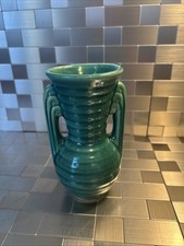 Turquoise Double Handle Vase Ribbed Pattern Style USA
