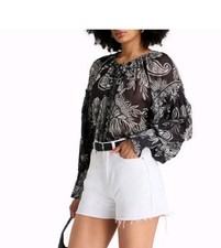 Farm Rio Embellished Cotton Voile Blouse Black White S