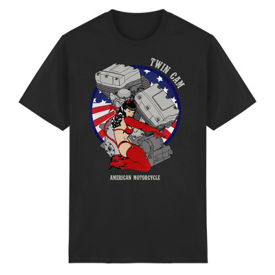 Twin Cam Motor T-Shirt American Motorcycle Biker V-Twin Engine Chopper PinUp Gir