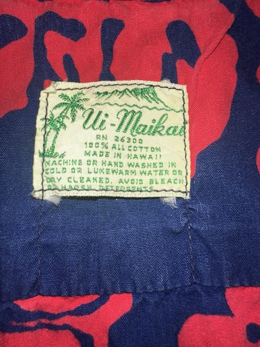VTG 60s Ui-Maikai Hawaiian Shirt L Cotton Barkcloth Red Navy Tiki Aloha Vintage - Picture 3 of 3