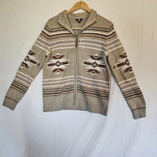Frye and Co Cardigan Mens Small Southwestern Print Zip Front Mock Neck Brown