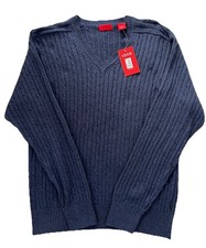 NWT Izod Men's V-Neck Cable Knit Sweater Luxury Navy Blue Cotton 90s Preppy