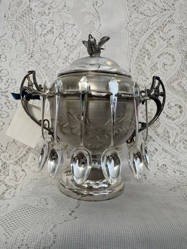 Antique Silverplate Urn w/ 12 Sterling Silver Spoons 2–3 oz Total Victorian
