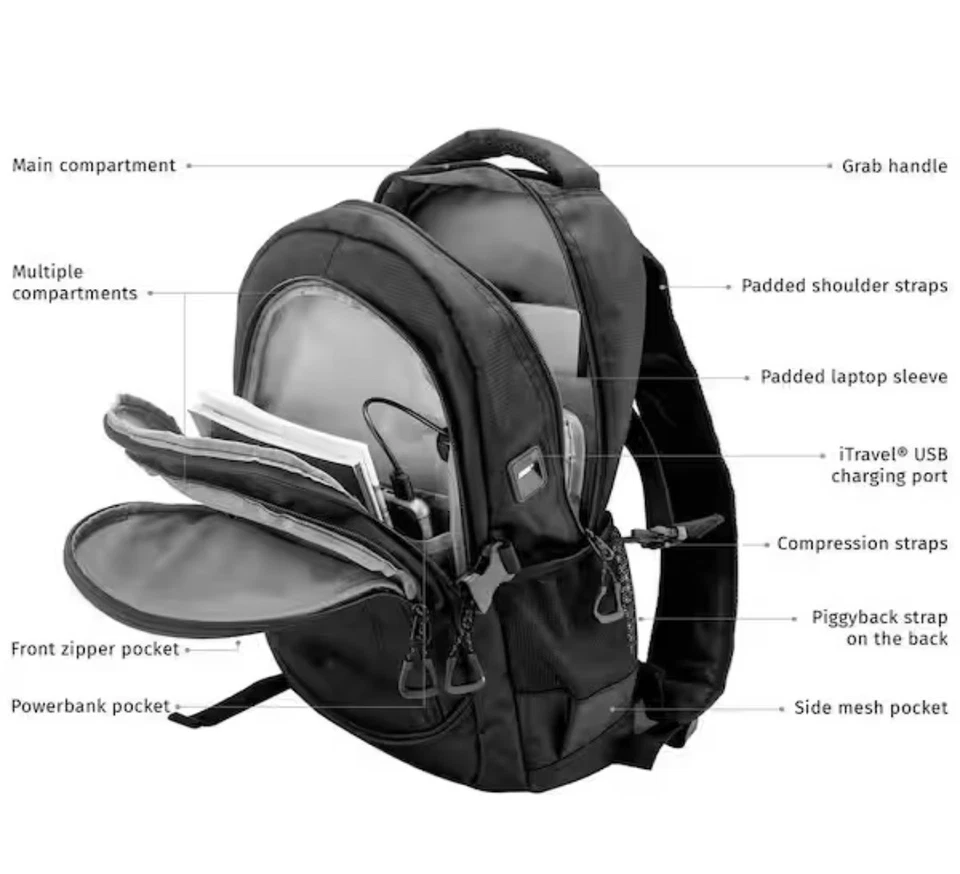 Traveler's ChoiceTech Travel 19 pulgadas Mochila de equipaje gris con USB incorporado... Foto 2 de 4