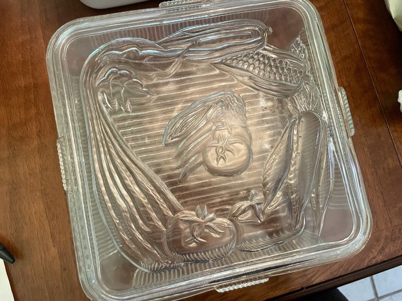 Vintage Federal Glass Square Embossed Vegetables Ribbed Sides w/Lid
