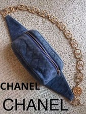 CHANEL Vintage Blue Velvet Waist Pouch with Gold Chain, Rare, 20+ Years Old