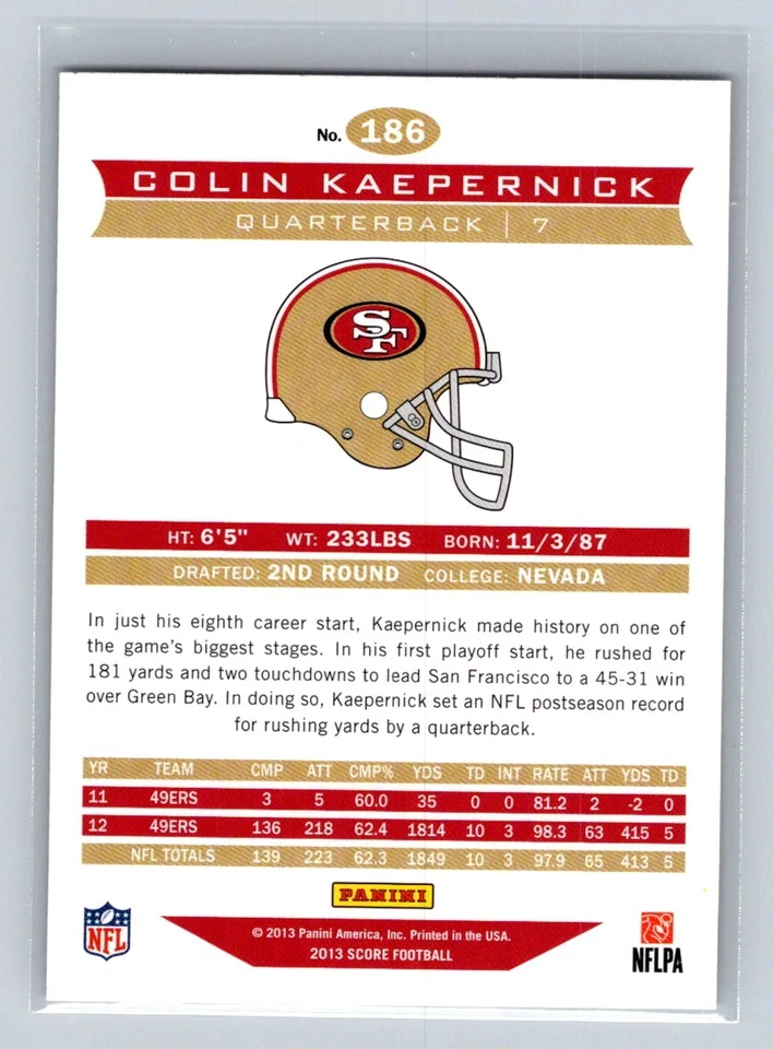 2013 Score #186 Colin Kaepernick San Francisco 49ers - Image 2 of 2