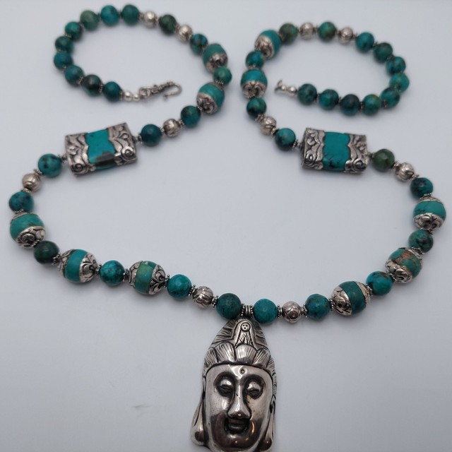 31 inch Asian Turquoise and Glass Beaded Necklace Silver Tone Pendant & Accents 31 inch Asian Turquoise and Glass Beaded Necklace Silver Tone Pendant & Accents