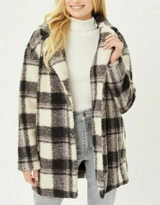 Love Tree Coat Womens Jacket Casual Plaid Button Up Pockets Teddy Bear Cozy L