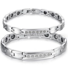 Silver Stainless Steel Link Magnetic Couples Therapy Link Health Bracelet w 5 CZ