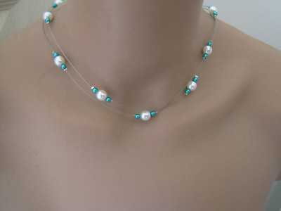 Collier Fantaisie Bleu Turquoise Et Ivoire Avec Perles - Parfait Pour Robe De Mariée Ou Soirée élégante