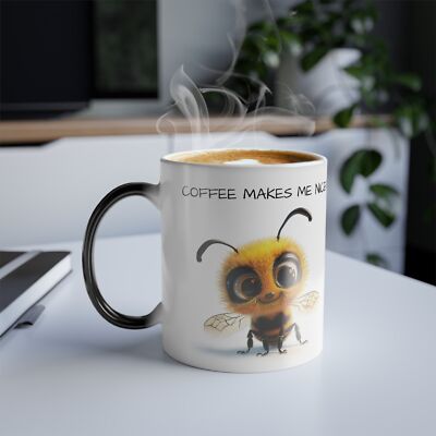 ''Coffee Makes Me Nicer'' Bee Design Cute Bumblebee Color Morphing Mug, 11oz