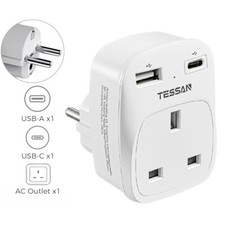 3-IN-1 UK to Europe Travel Schuko Plug Adapter for Most of Europe Spain Germany