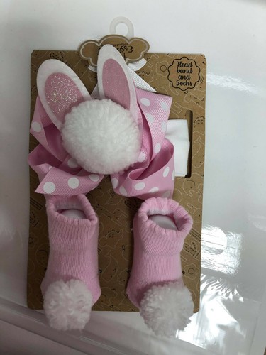 Newborn Baby Girls Bootie Sock and Grosgrain Bunny Rabbit Headband Set 0-6 Month - Picture 10 of 12